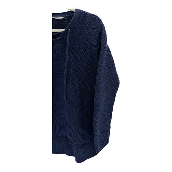 Oversized Navy Blue Lace-Up Knit Sweater Size XXS |Textured Long Sleeve Pullover - Picture 3 of 10